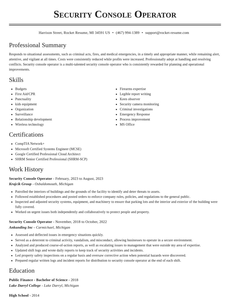 security console operator misc resume classic template 2 cla