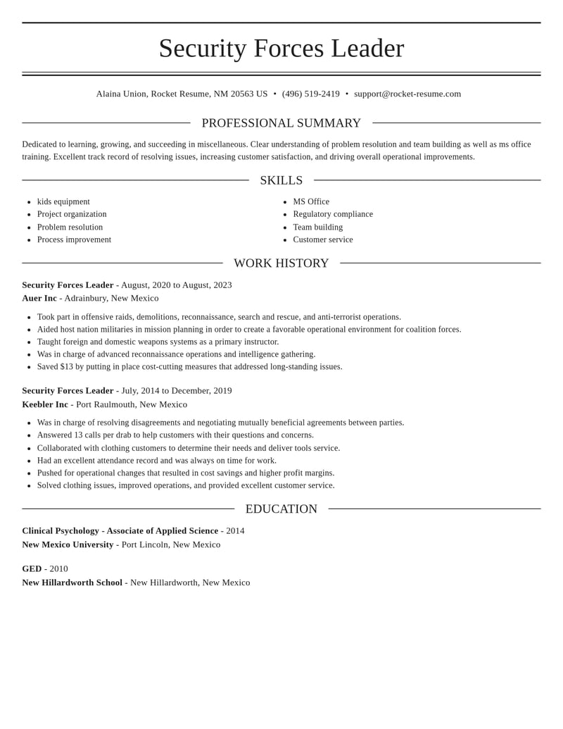 security forces leader misc resume elegant template 1 ele