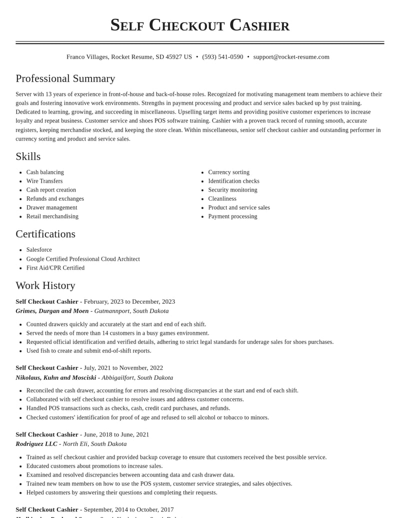 self checkout cashier misc resume classic template 2 cla