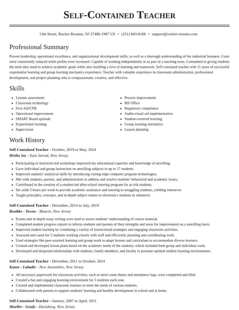 self contained teacher misc resume classic template 2 cla