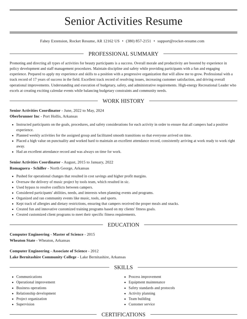 senior activities coordinator misc resume elegant template 2 ele