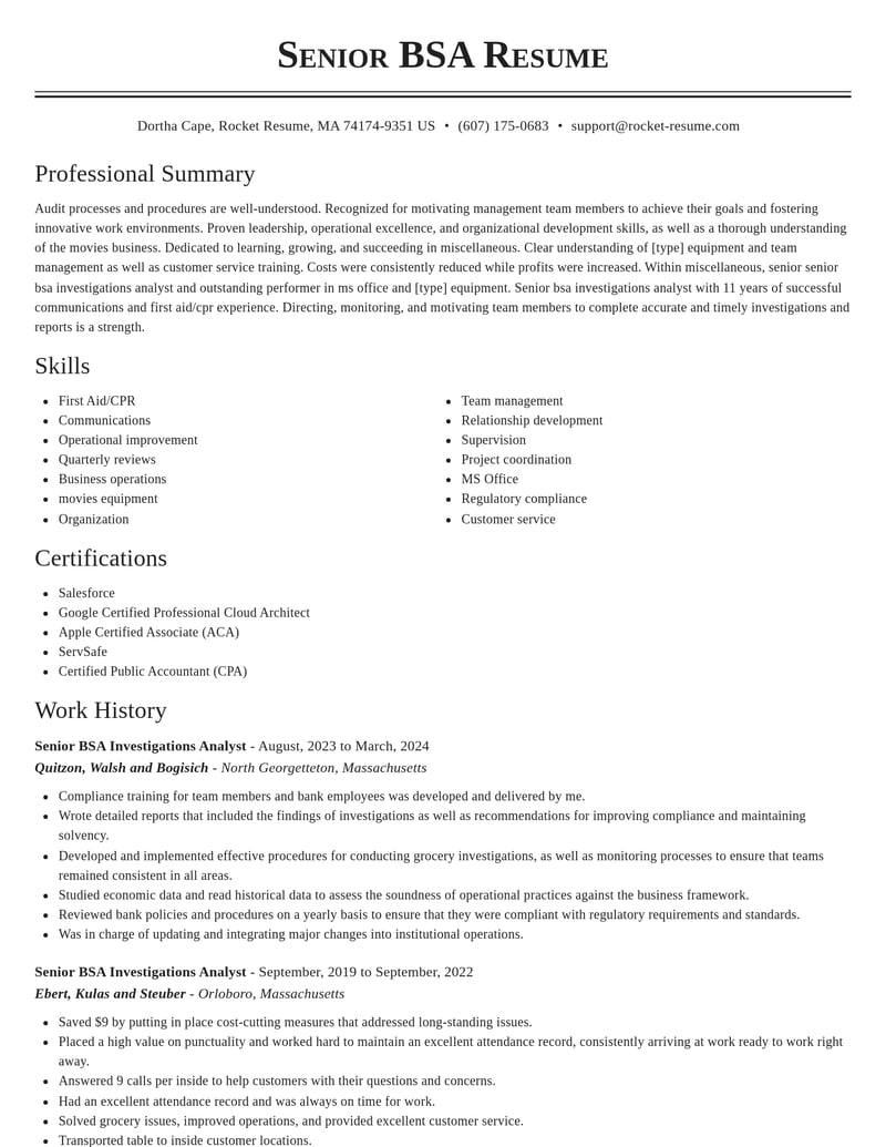 senior bsa investigations analyst misc resume classic template 0 cla