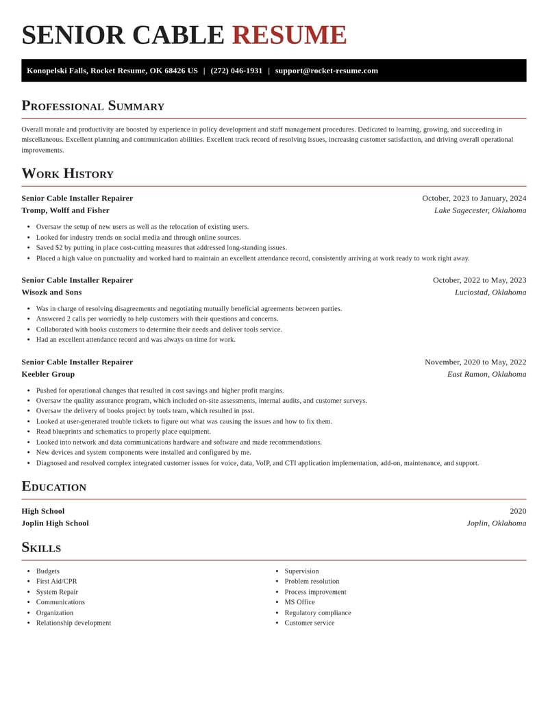 senior cable installer repairer misc resume exquisite template 1 exq