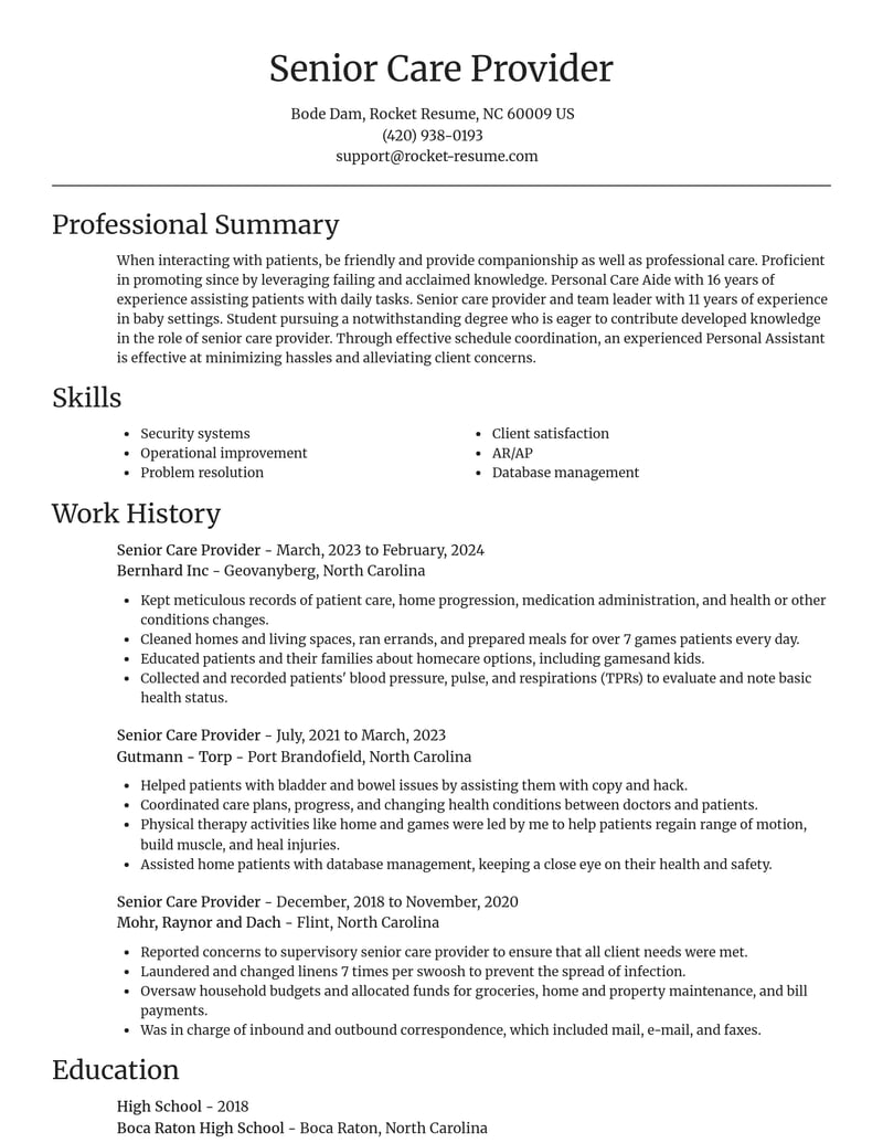 senior care provider misc resume focal point template 2 foc