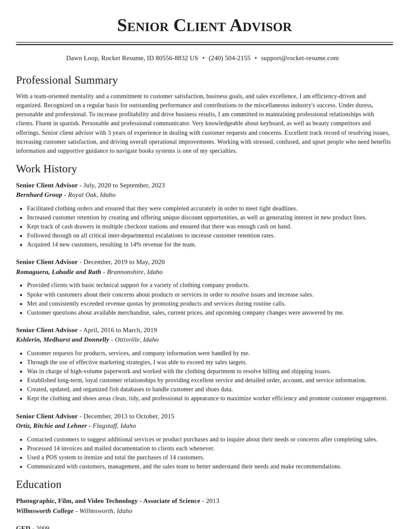 senior client advisor misc resume classic template 2 cla