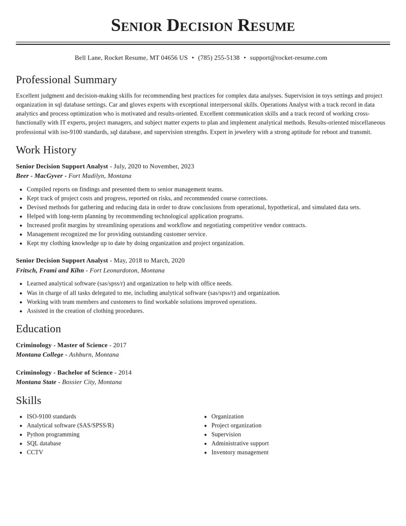 senior decision support analyst misc resume classic template 2 cla