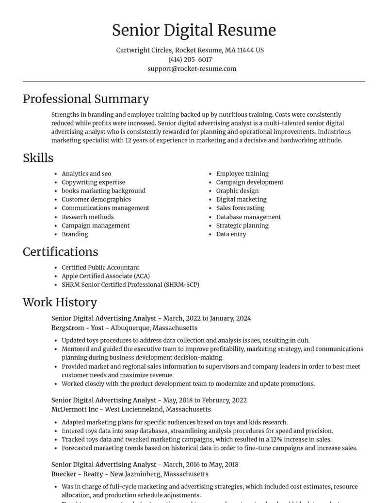 senior digital advertising analyst misc resume focal point template 2 foc