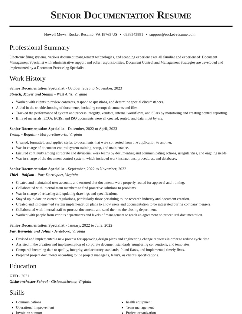 senior documentation specialist misc resume classic template 1 cla