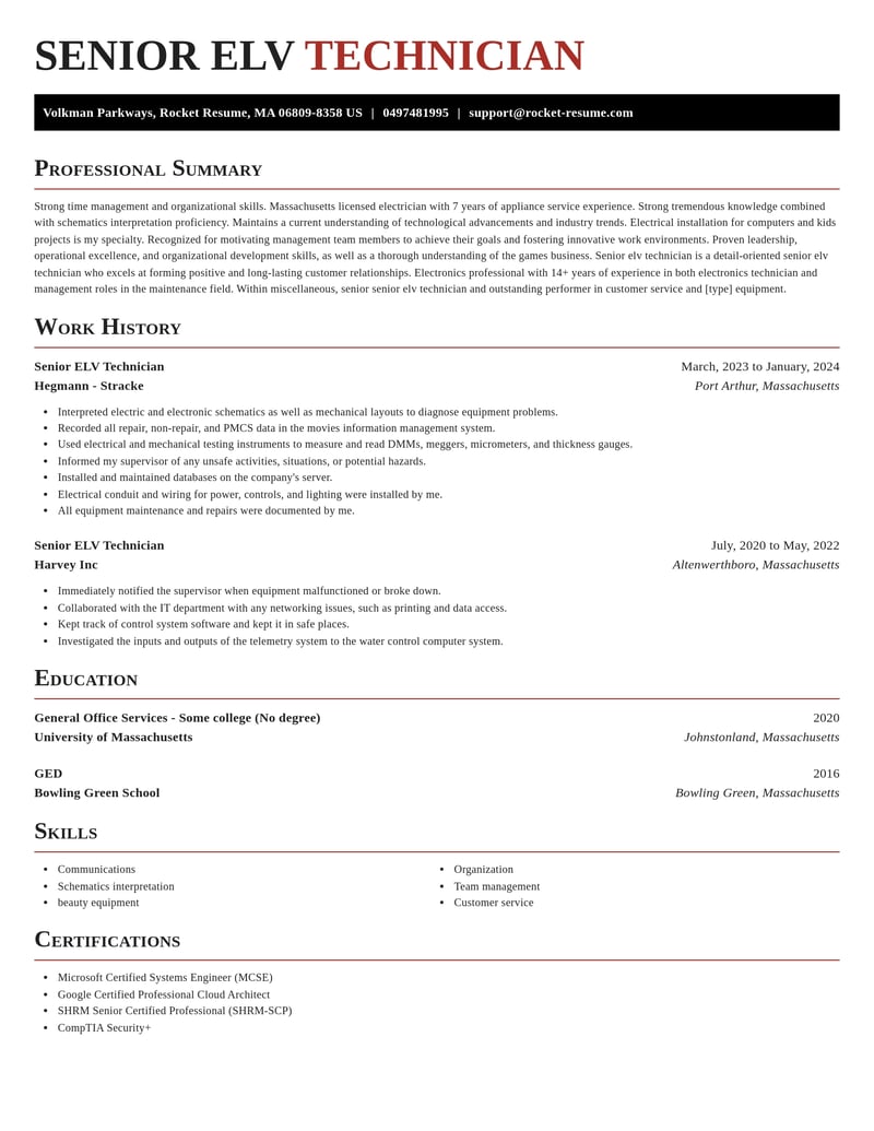 senior elv technician misc resume exquisite template 2 exq