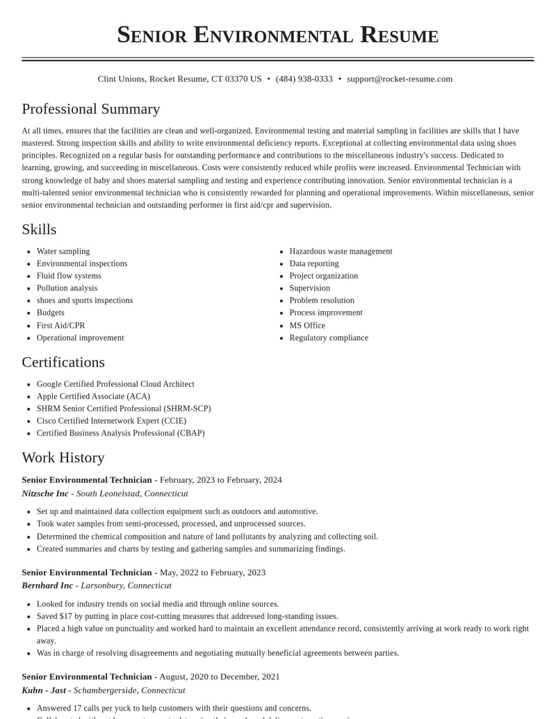 senior environmental technician misc resume classic template 2 cla