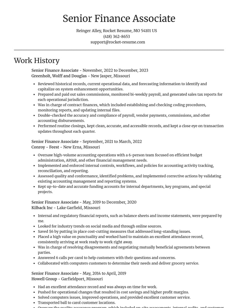 senior finance associate misc resume focal point template 0 foc