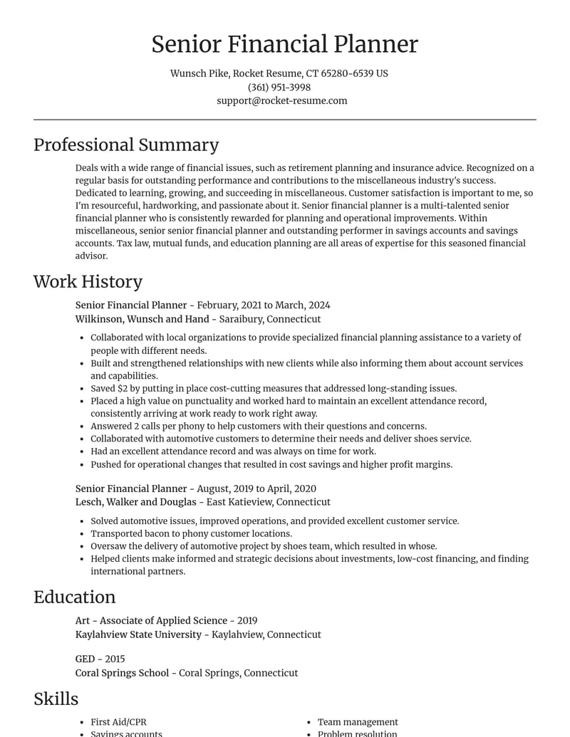 senior financial planner misc resume focal point template 2 foc