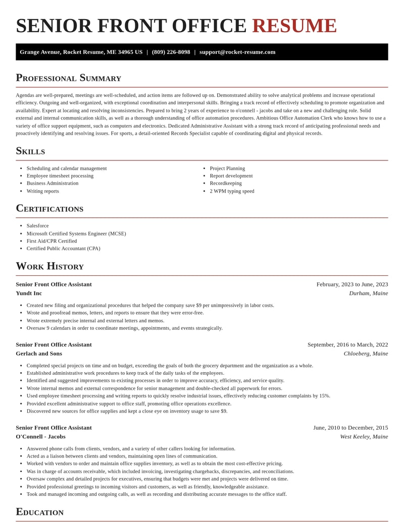 senior front office assistant misc resume exquisite template 1 exq