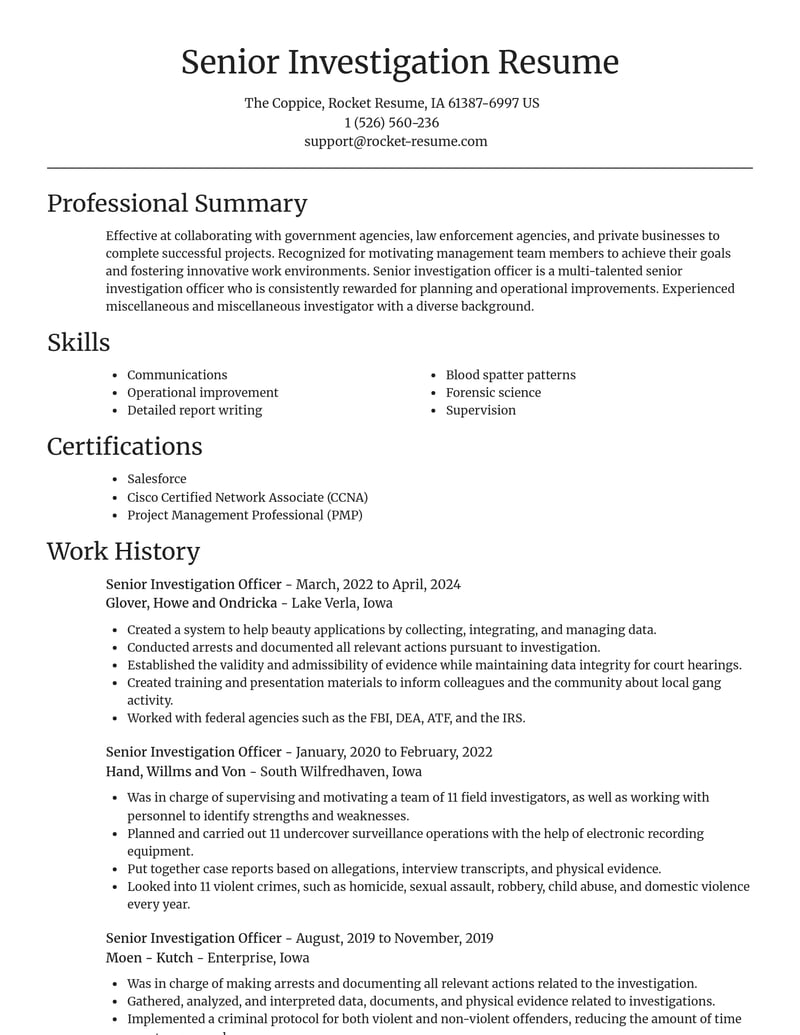 senior investigation officer misc resume focal point template 0 foc