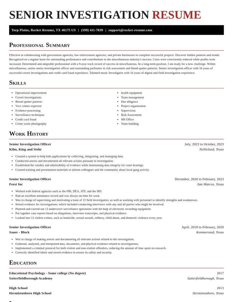senior investigation officer misc resume exquisite template 1 exq