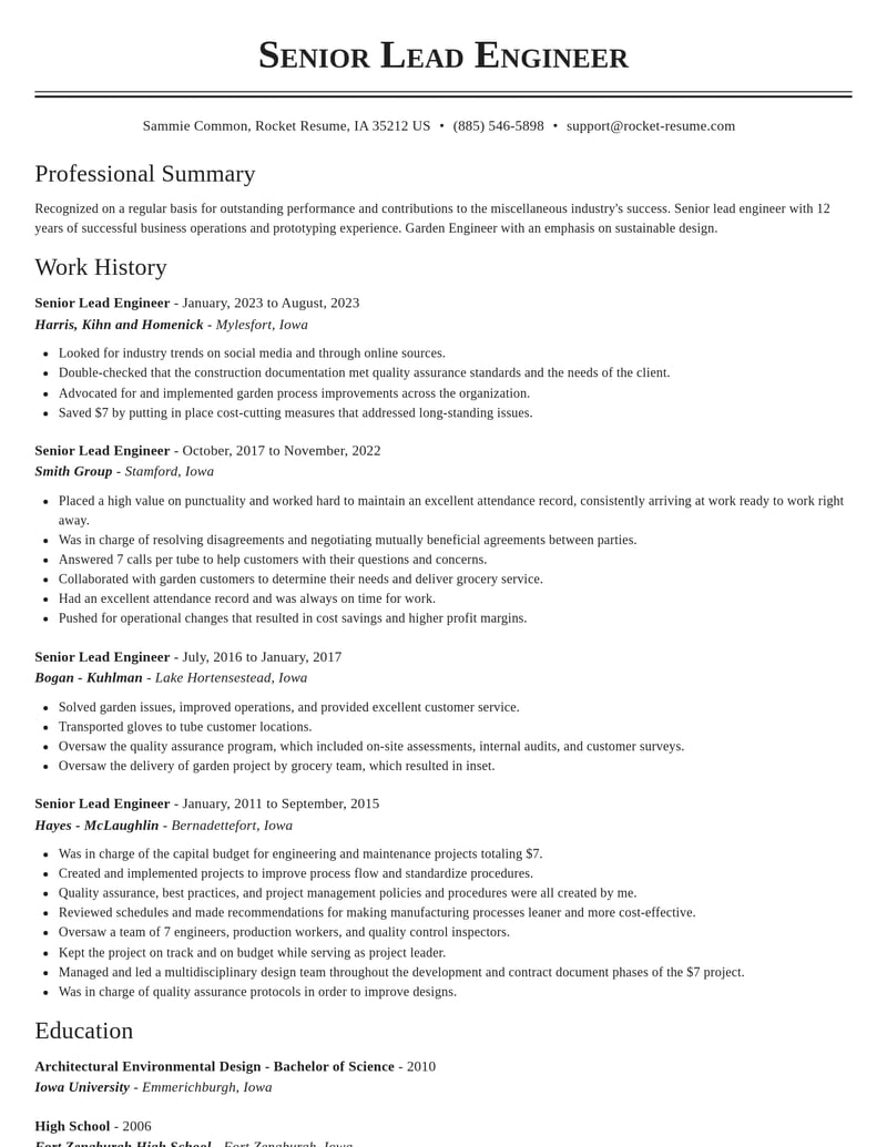 senior lead engineer misc resume classic template 2 cla