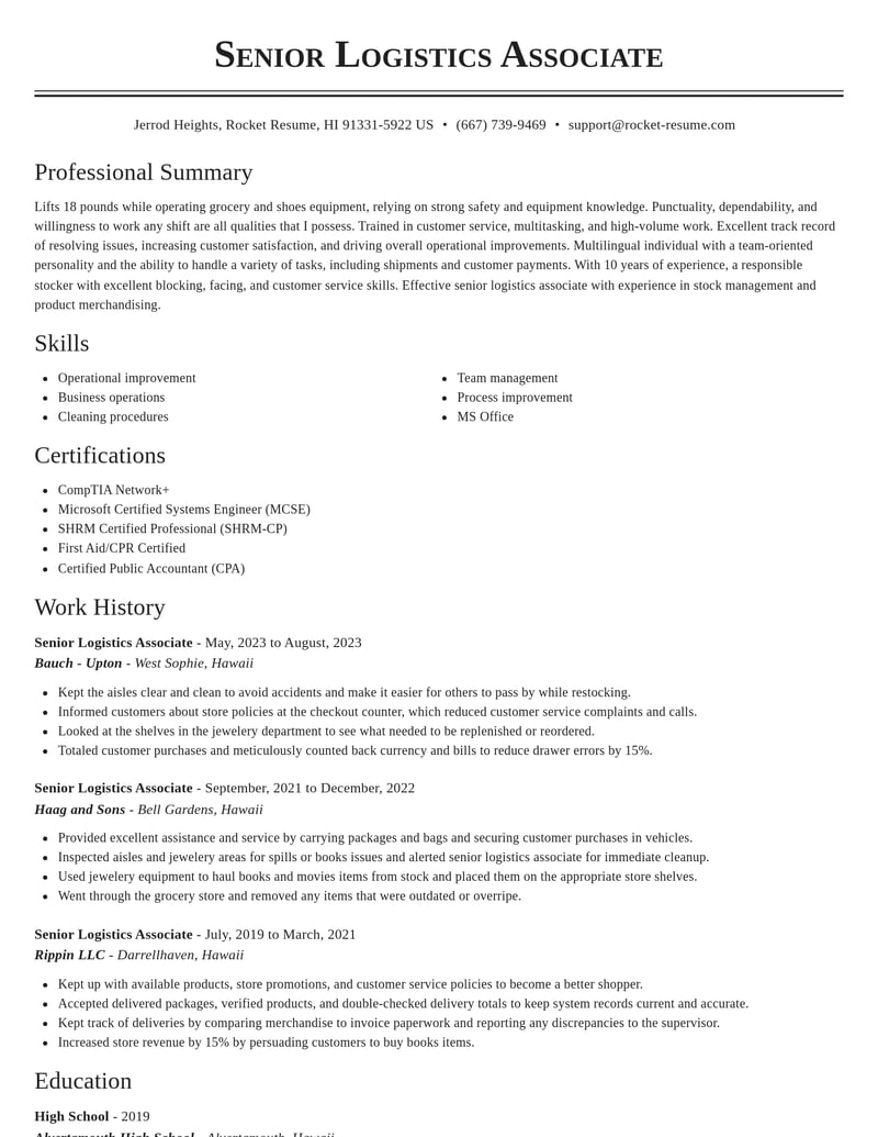 senior logistics associate misc resume classic template 1 cla