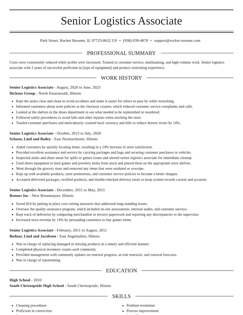 senior logistics associate misc resume elegant template 1 ele