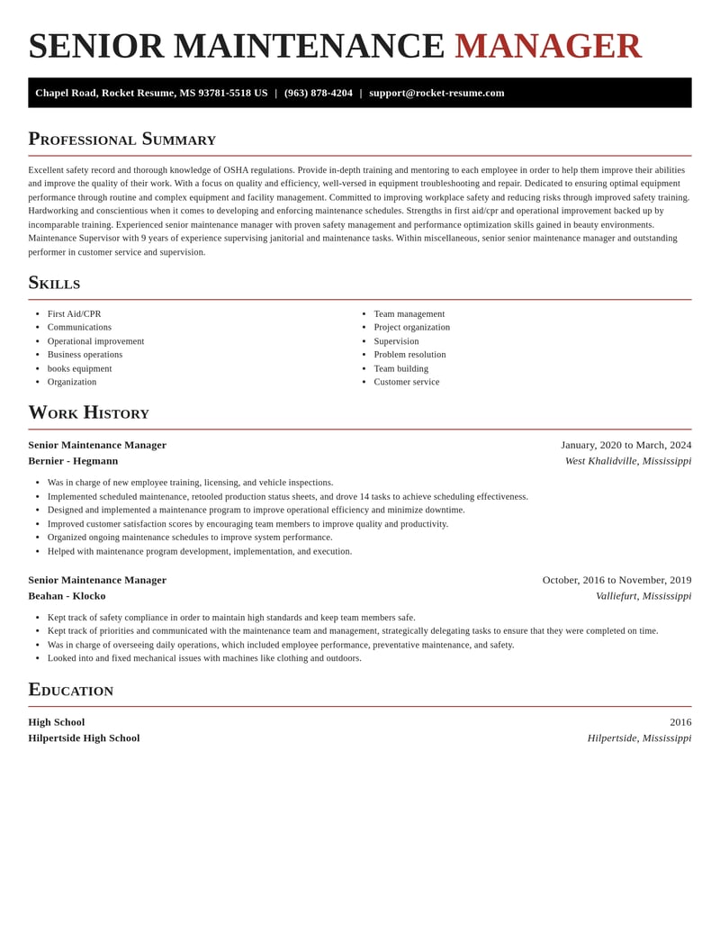 senior maintenance manager misc resume exquisite template 0 exq
