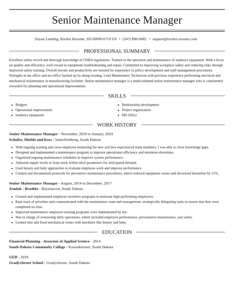 senior maintenance manager misc resume elegant template 2 ele