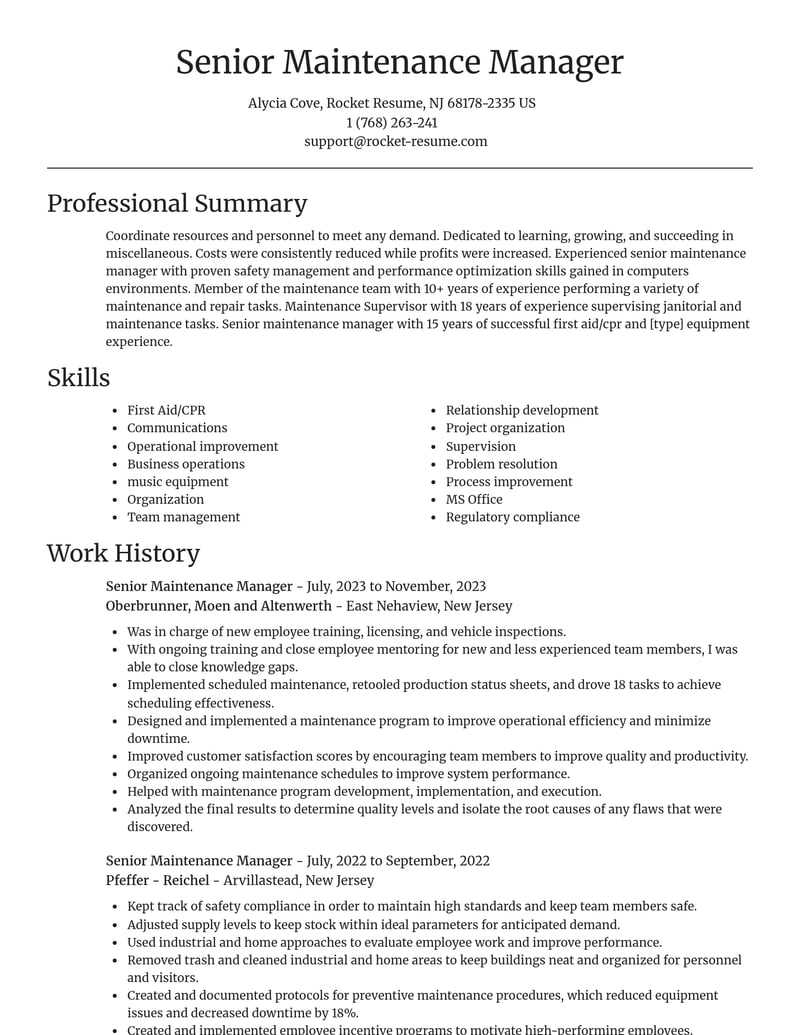senior maintenance manager misc resume focal point template 2 foc