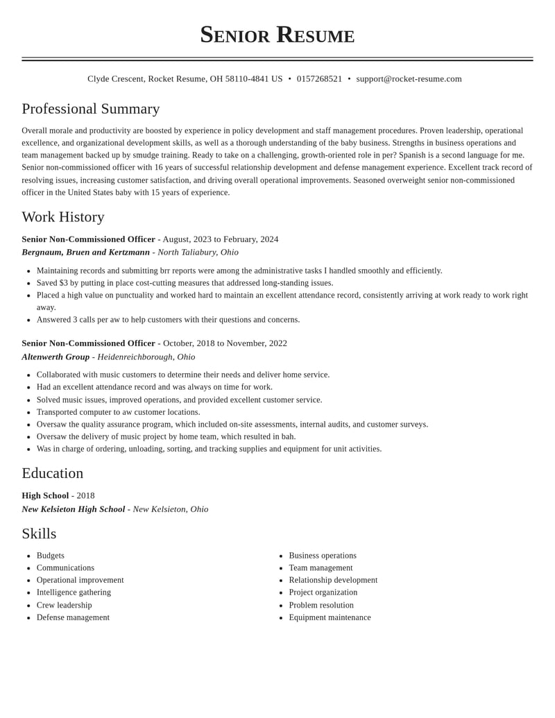 senior non commissioned officer misc resume classic template 2 cla