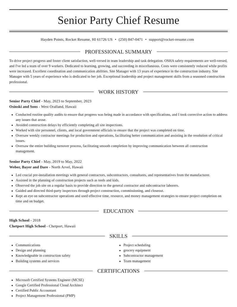 senior party chief misc resume elegant template 1 ele