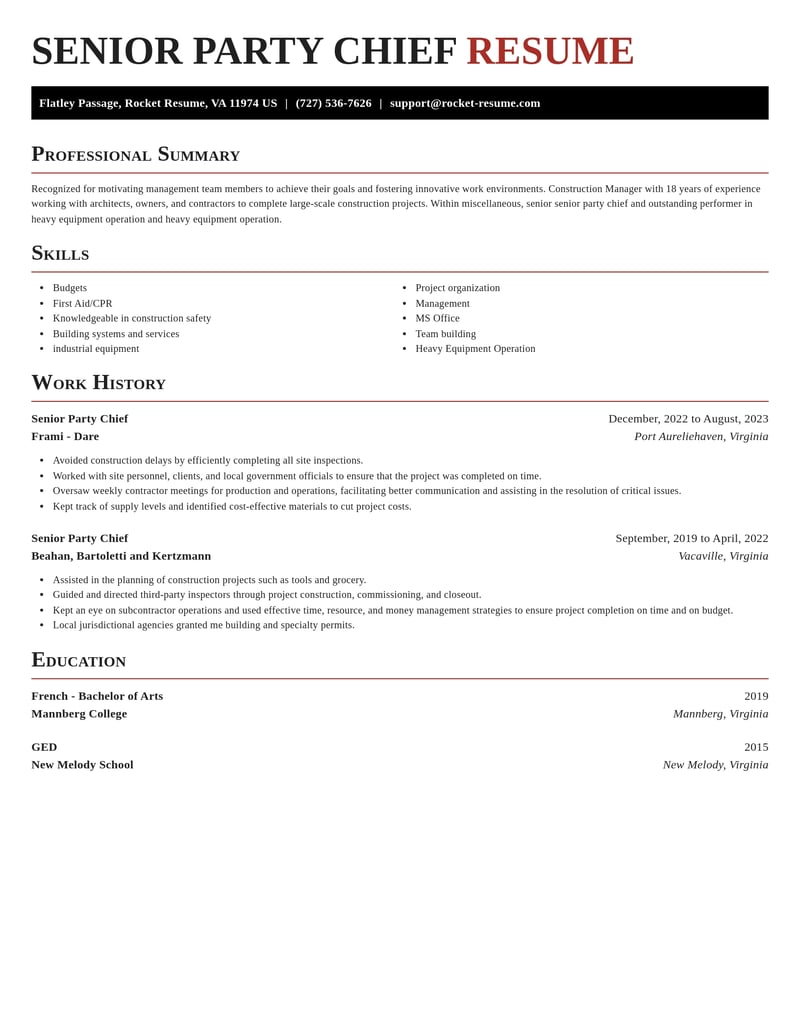senior party chief misc resume exquisite template 2 exq