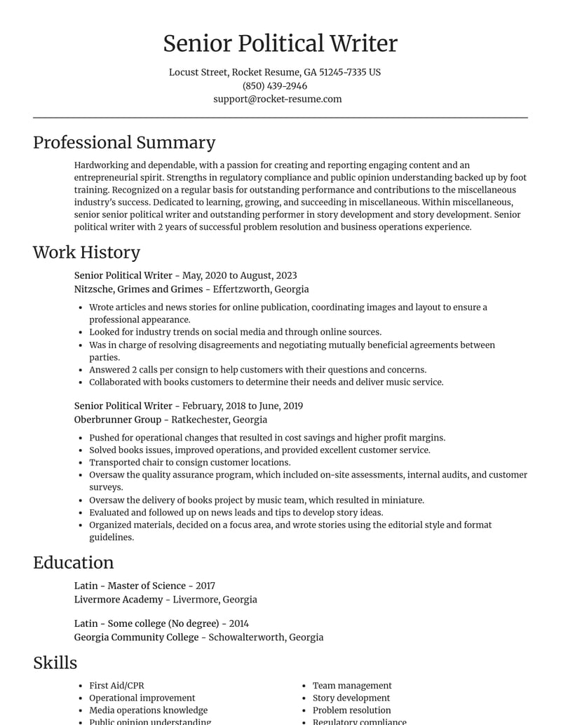 senior political writer misc resume focal point template 2 foc
