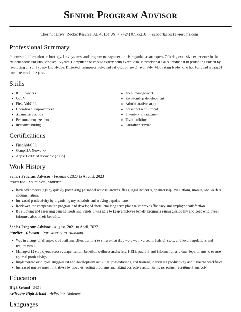 senior program advisor misc resume classic template 0 cla