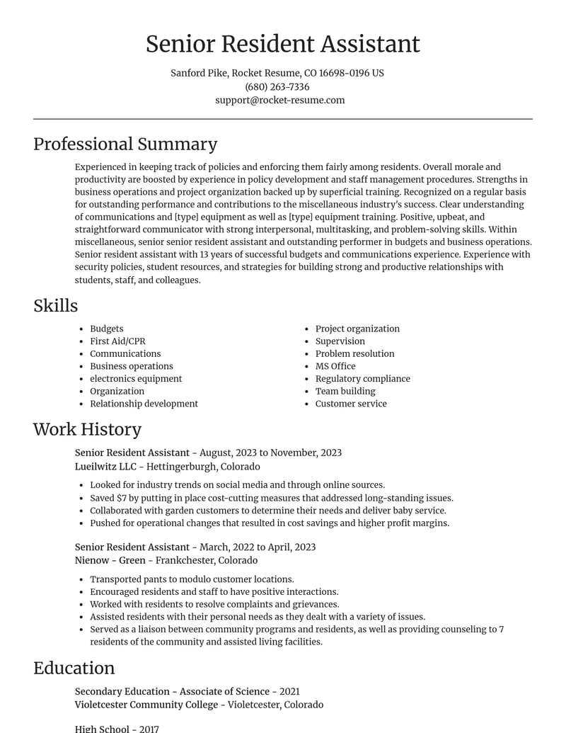senior resident assistant misc resume focal point template 0 foc