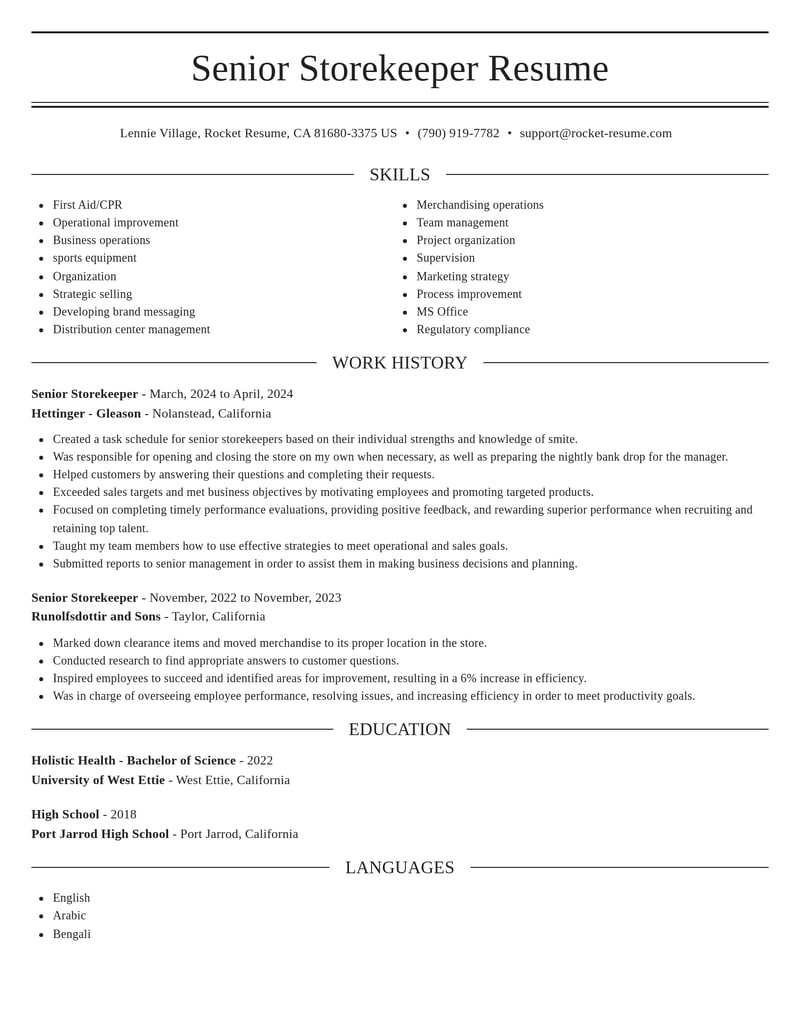 senior storekeeper misc resume elegant template 2 ele