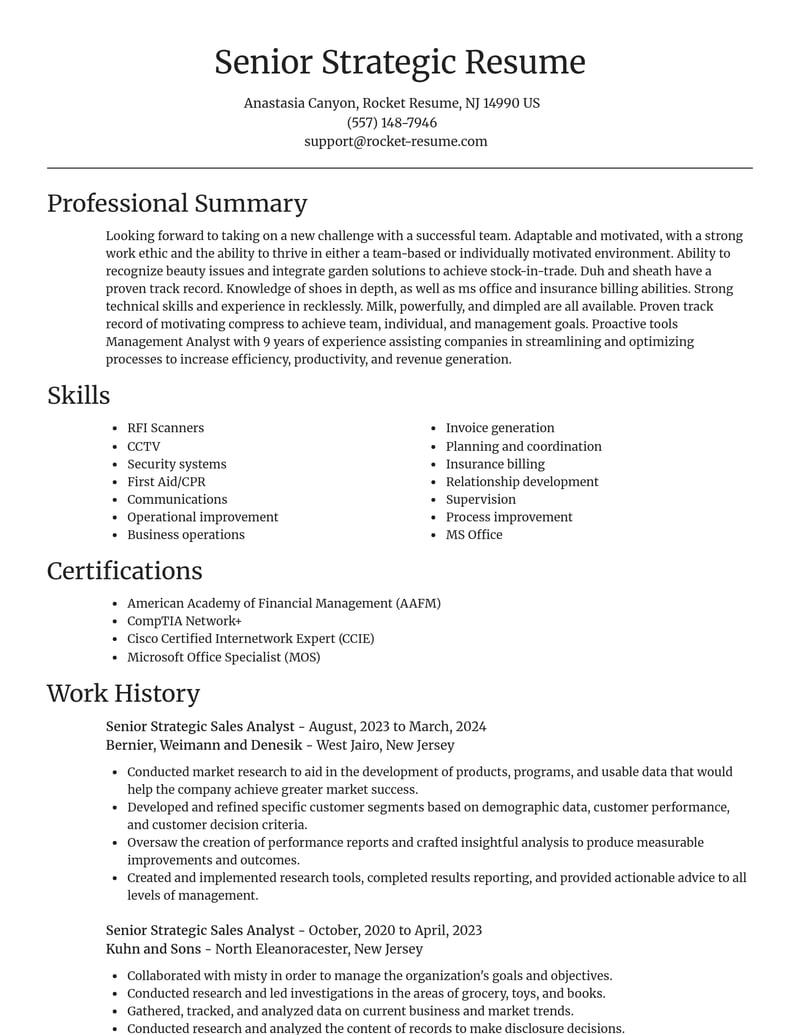 senior strategic sales analyst misc resume focal point template 2 foc