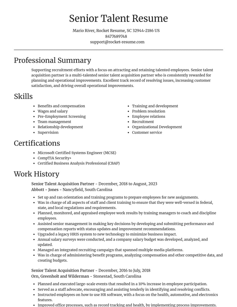 senior talent acquisition partner misc resume focal point template 2 foc