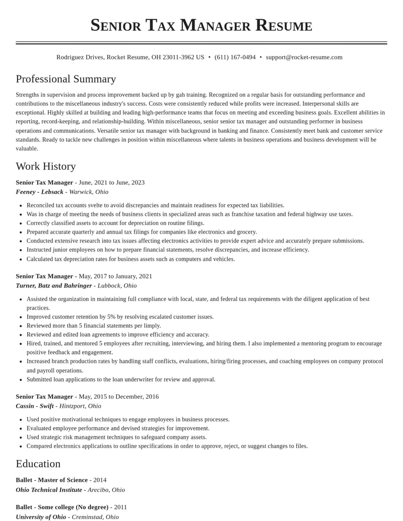 senior tax manager misc resume classic template 1 cla