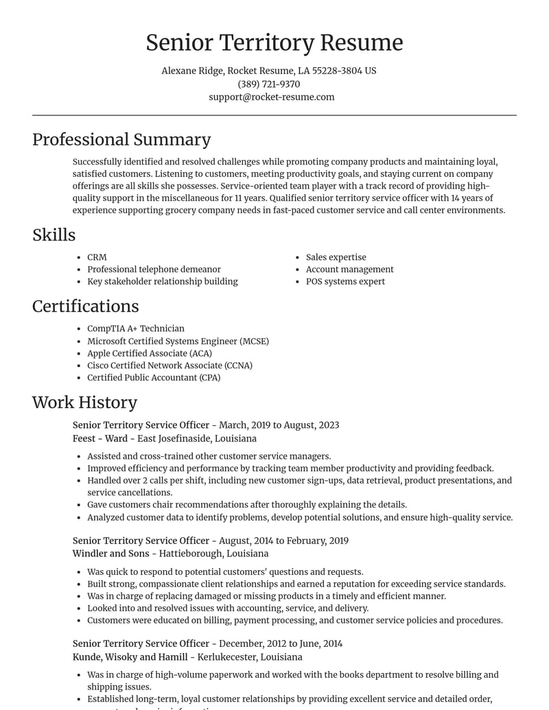 senior territory service officer misc resume focal point template 0 foc