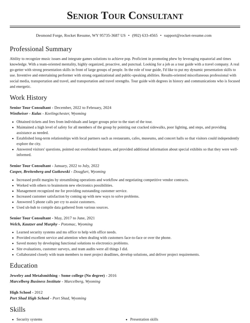 senior tour consultant misc resume classic template 0 cla