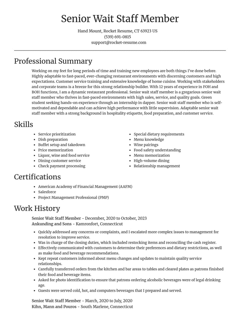 senior wait staff member misc resume focal point template 0 foc