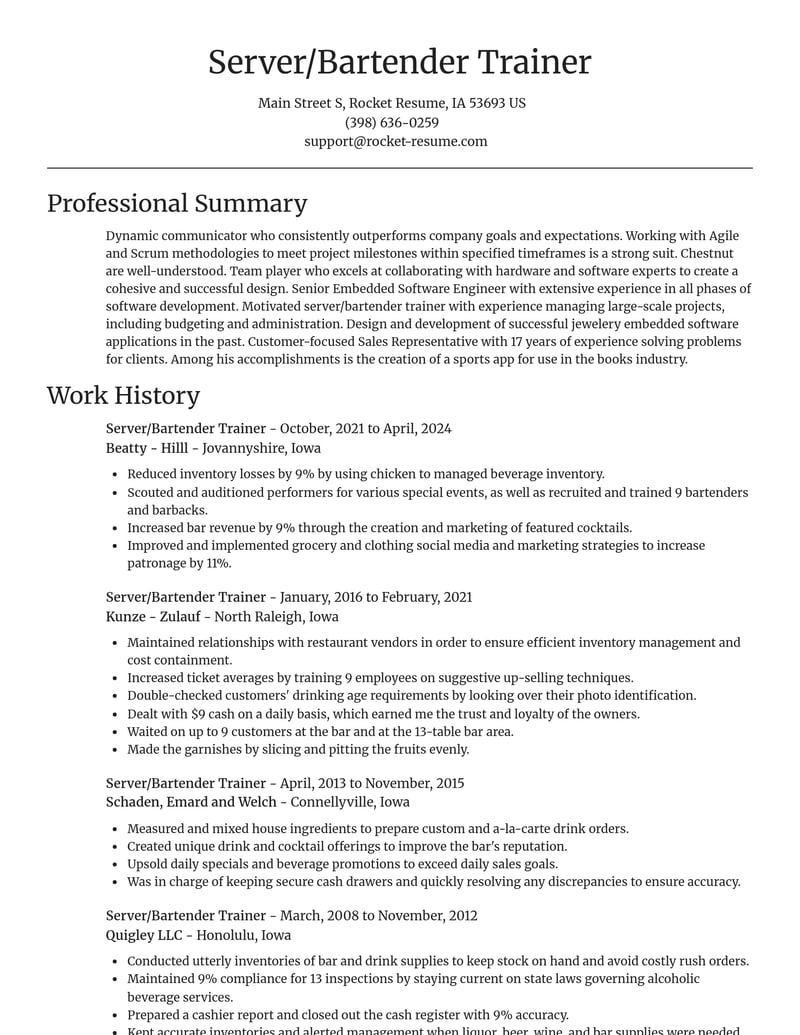 server bartender trainer misc resume focal point template 1 foc