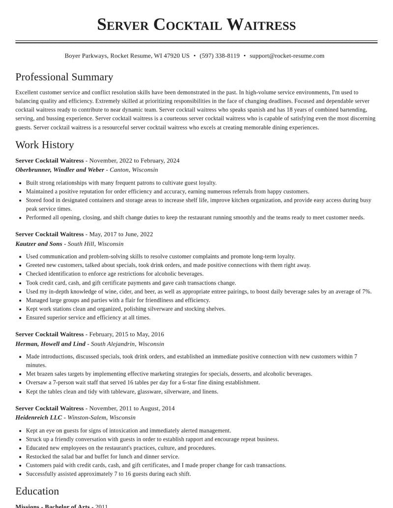 server cocktail waitress misc resume classic template 0 cla
