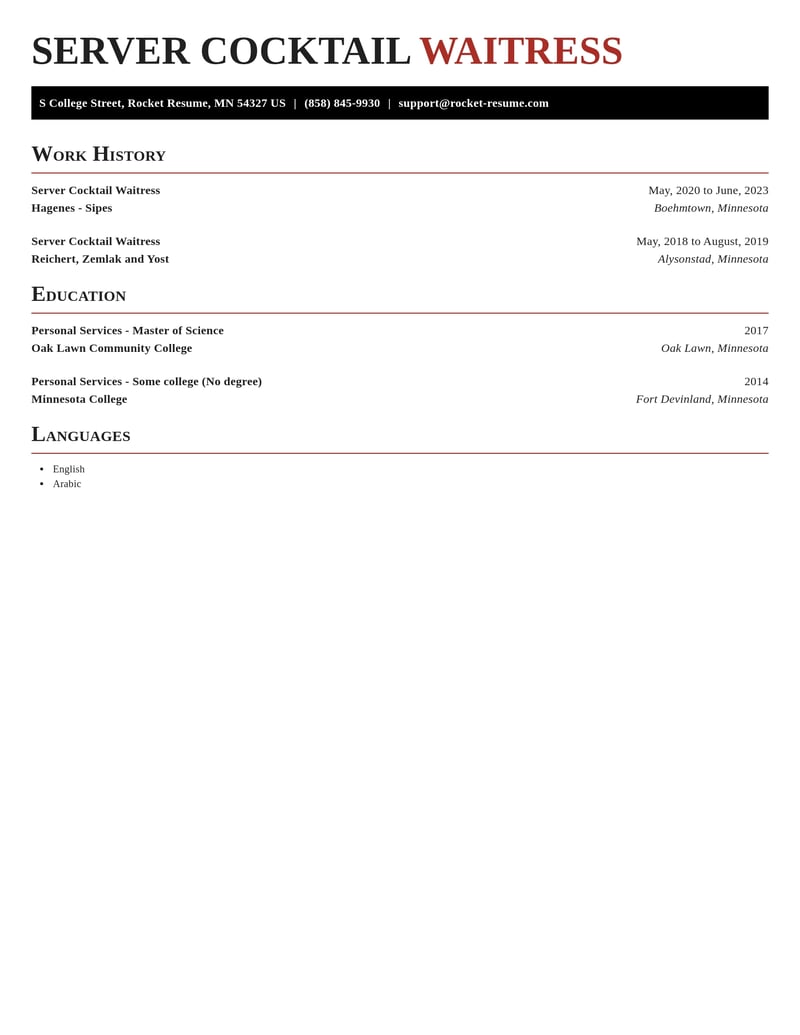 server cocktail waitress misc resume exquisite template 2 exq