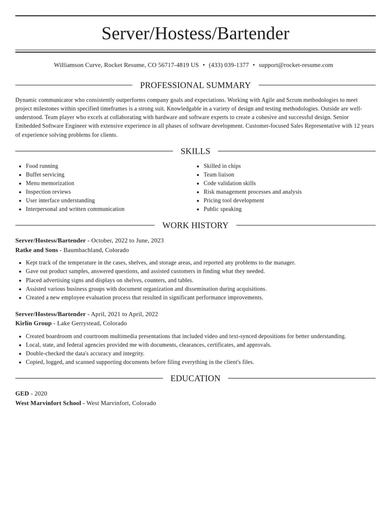 server hostess bartender misc resume elegant template 2 ele