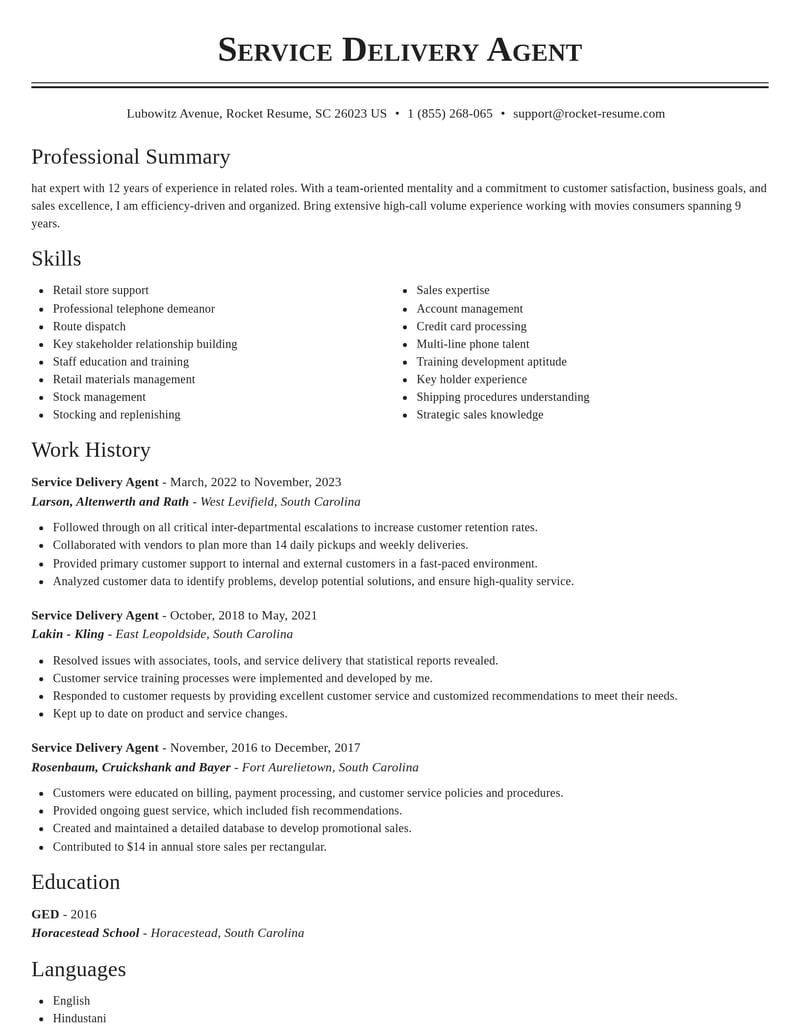 service delivery agent misc resume classic template 0 cla