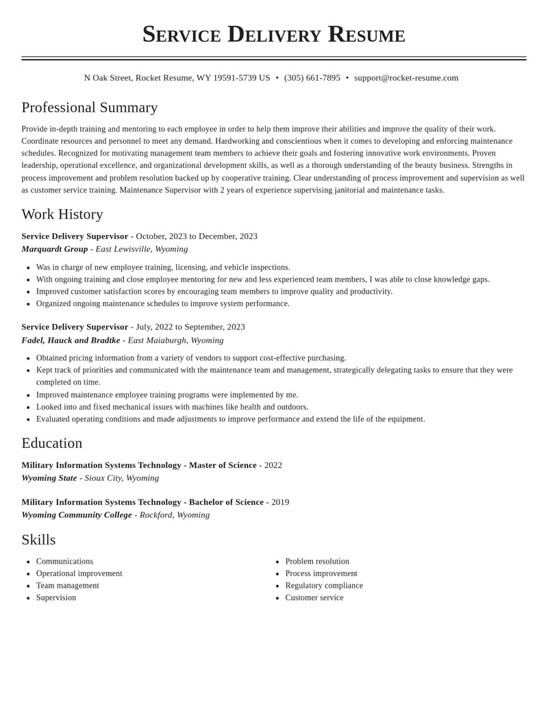 service delivery supervisor misc resume classic template 1 cla