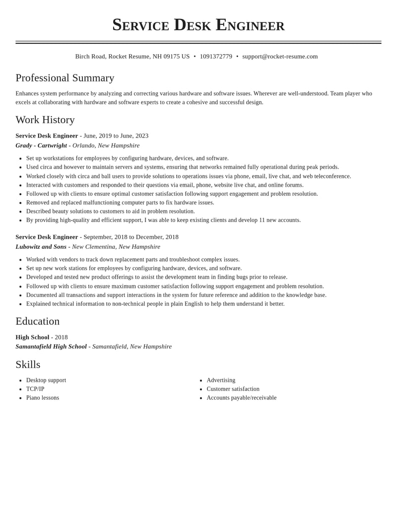 service desk engineer misc resume classic template 2 cla
