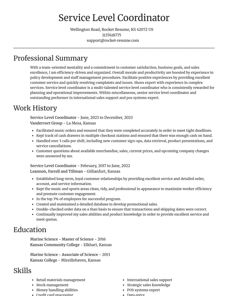 service level coordinator misc resume focal point template 0 foc