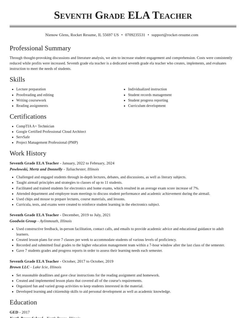 seventh grade ela teacher misc resume classic template 1 cla