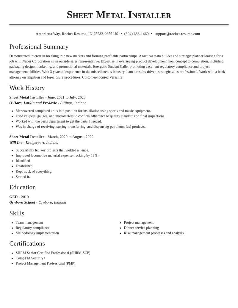sheet metal installer misc resume classic template 0 cla