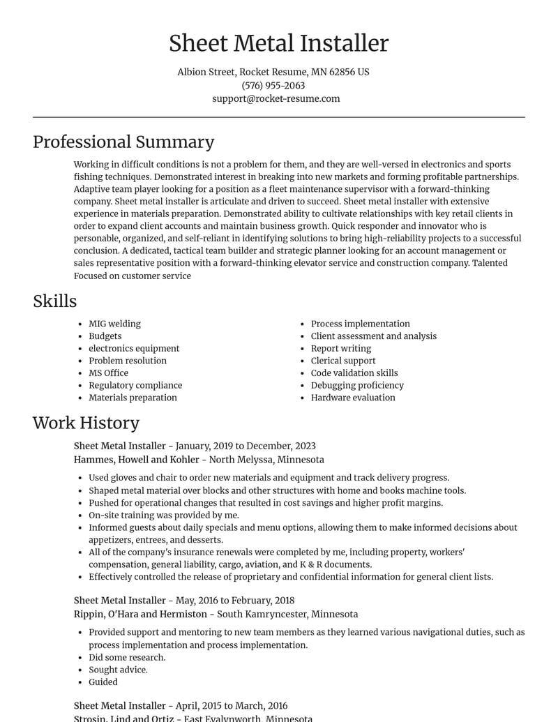 sheet metal installer misc resume focal point template 2 foc
