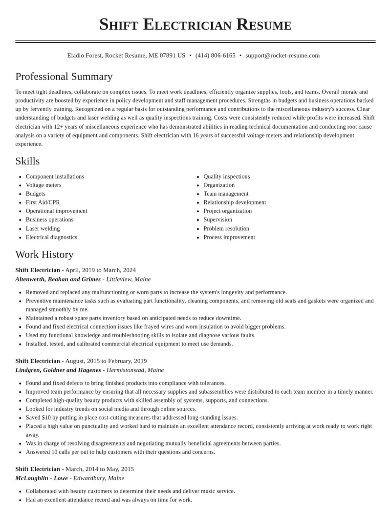shift electrician misc resume classic template 0 cla